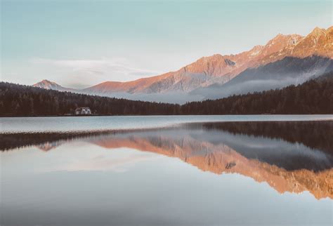 Lakeside Mountain Peak Outdoors Lake Reflection Sunset 4k Wallpaperhd