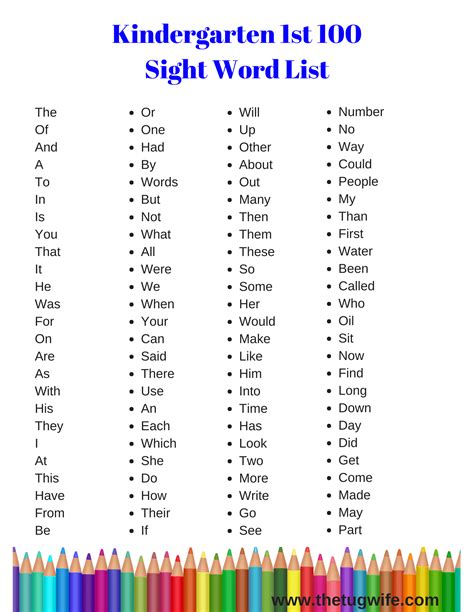 Kindergarten Sight Words Printable List