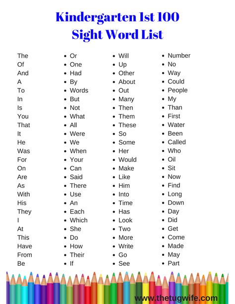 Kindergarten Sight Word List Free Marguerite Lemasters Kindergarten