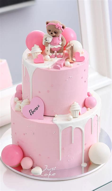 25 Cute Baby Girl First Birthday Cakes Two Tied Pink Cake With White