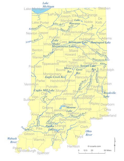 State Of Indiana Water Feature Map And List Of County Lakes Rivers