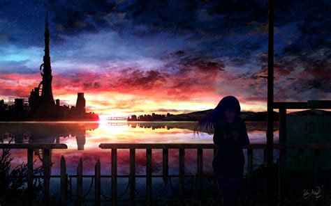 X Anime Girl In Sunset X Resolution Wallpaper Hd Anime