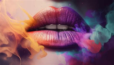 Female Lips Close Up Wearing Colorful Lipstick In Multi Colored Smoke Beautiful Woman Lips
