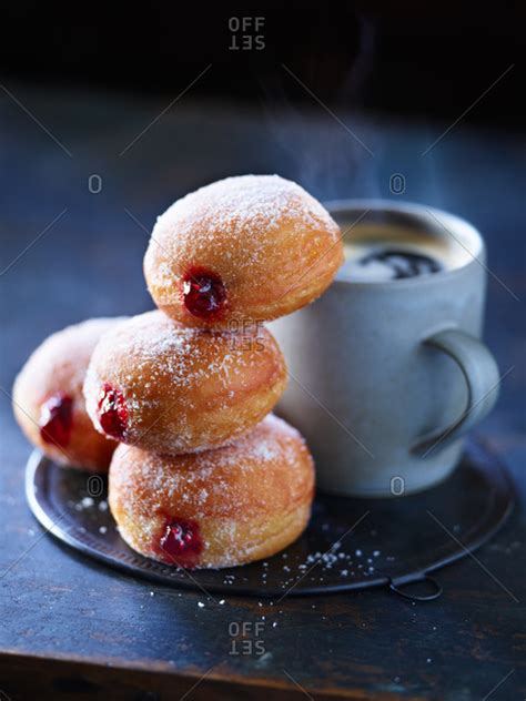 Jelly Filled Donut Holes And Coffee Stock Photo Offset