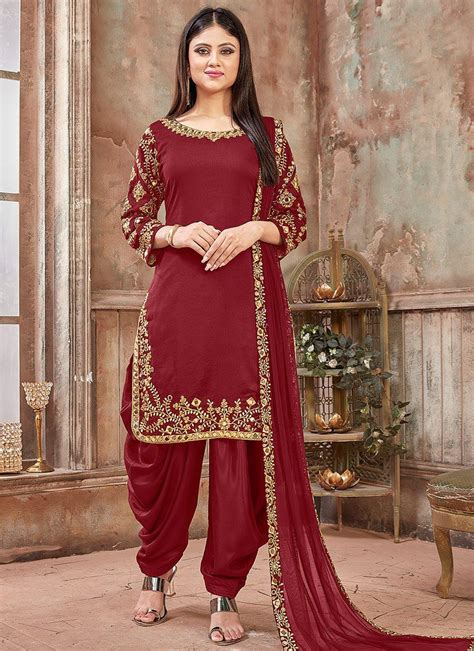 Red Embroidered Traditional Patiala Suit Party Wear Patiala Dress