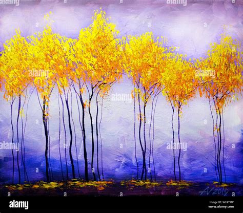 Öl Acryl Gemälde Landschaft Bunt Gelb Rot Bäume Von Hand Bemalt