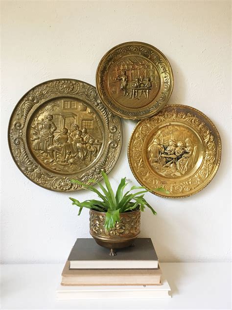 Vintage Hammered Brass Wall Hangings Set Of 3 Brass Plates Made