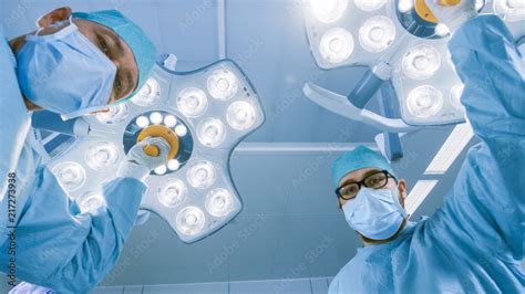 Low Angle Shot Pov Patient View Two Professional Surgeons Turning On