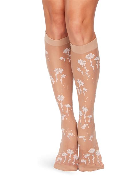 Nylon Knee High Socks White Flowers Dedoles