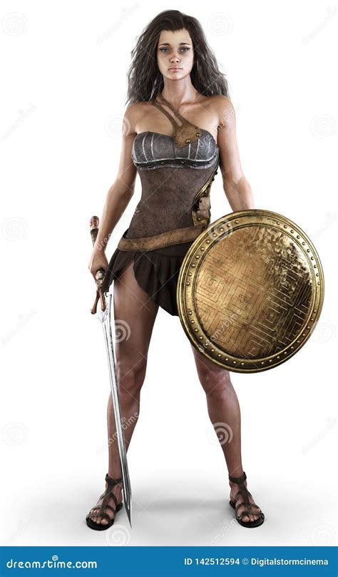 Portrait Of A Sexy Amazon Female Posed With A Sword And Shield On An Isolated White Background