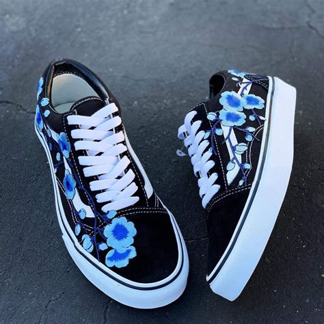 Blue Cherry Blossom Black Old Skool Custom Vans Shoes Vans