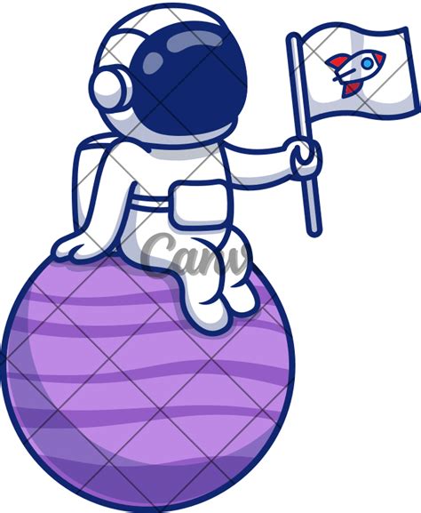 Download This Cute Astronaut Sitting On Planet Holding Flag Cartoon