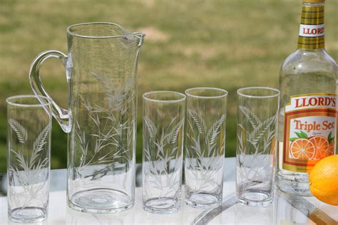 6 Vintage Etched Collins Glasses With Matching Cocktail Pitcher Mid Century Collins Glasses
