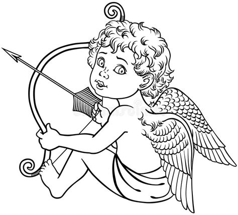 Sitting Cupid Black And White Stock Vector Illustration