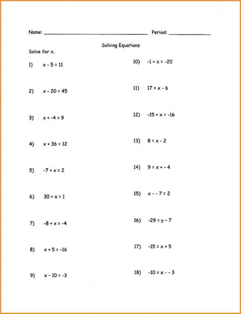 These equations worksheets are a good resource for students in the 5th grade through the 8th grade. Algebra Solving Equations Worksheet