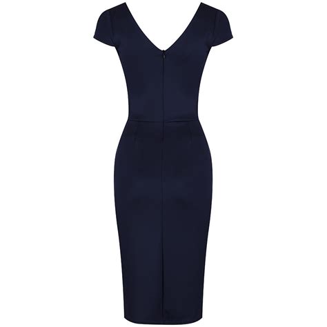 Navy Blue Capped Sleeve Bodycon Wiggle Dress Pretty Kitty Fashion