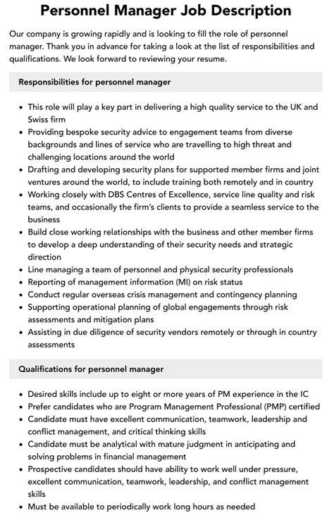 Personnel Manager Job Description Velvet Jobs