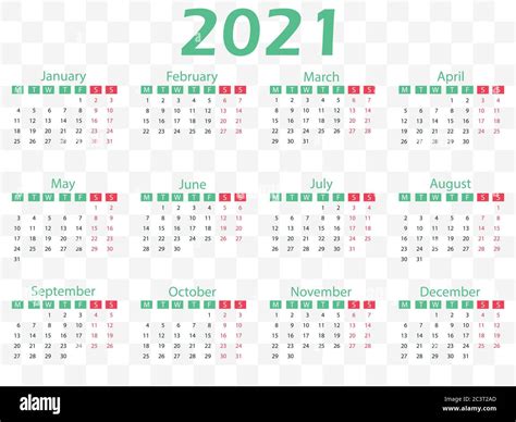 2021 Calendar Week Starts Monday Vector Illustration Flat Design