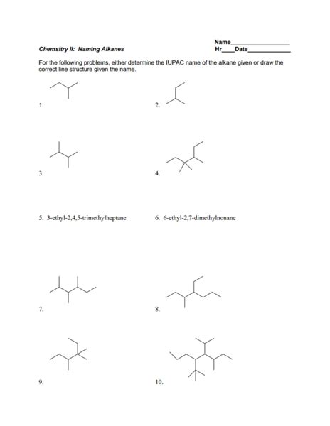By discussing the rules for naming hydrocarbons including alkanes, alkenes, alkynes and arenes distribute to each group a set of hydrocarbon naming cards and hydrocarbon structure cards from. Alkane Nomenclature Worksheet for 9th - 12th Grade ...