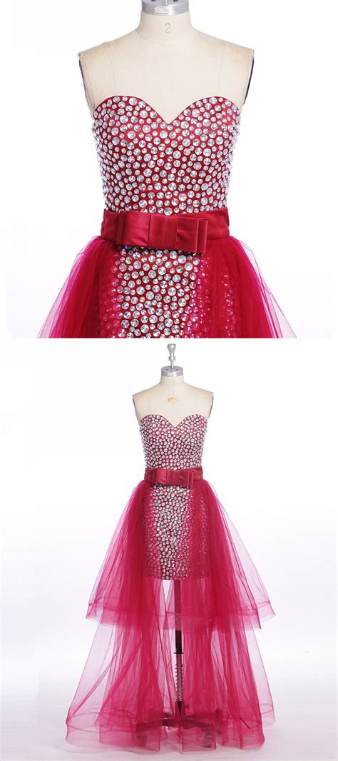 Hot Pink Tulle Sweetheart Long Beaded Party Dress With Removable Skirt