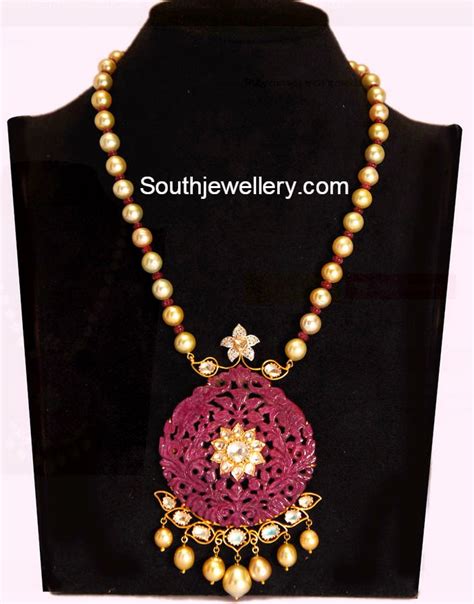 Elegant Pearls Mala With Carved Ruby Pendant Indian Jewellery Designs
