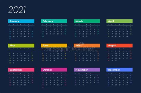Calendar 2021 Vector Basic Grid Basic Design Template Stock Vector