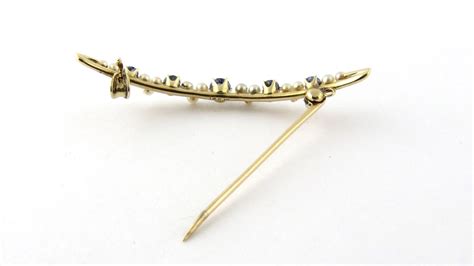 Antique Edwardian 14k Yellow Gold Sapphire And Seed Pearl Crescent Pin