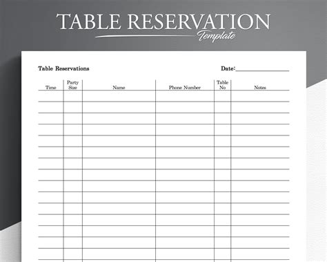 Printable Restaurant Reservation Sheet Template