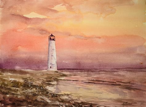 Sunset With A Lighthouse In Watercolor Watercolor Water