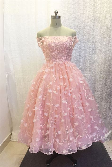 Wedding dresses are normally either white or ivory. Pink tulle off shoulder tea length 3D flower A-line prom ...