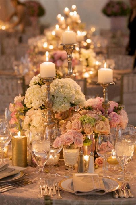 Pink White Roses Gold Candelabras Centerpieces Wedding