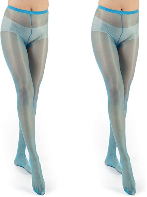 Elsayx Women S Shiny Glossy Pantyhose Lingerie Tights Without Cotton Pad 2 Pairs Blue One Size