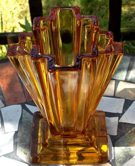 Art Deco Bagley Winged Vase In Amber Glass Pattern 334 Named Grantham Fantastic Art Deco Fan