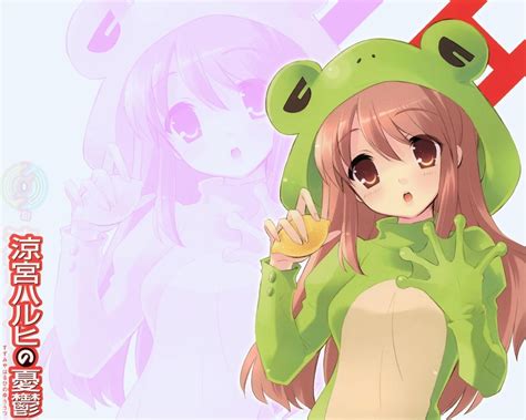 Brown Haired Female Anime Character Wearing Green Frog Mascot Costume