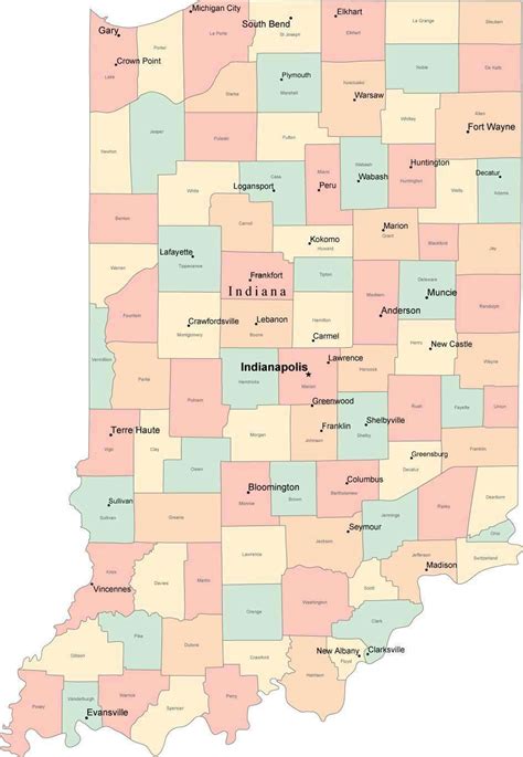 Multi Color Indiana Map With Counties Capitals And Major