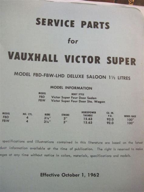 Purchase 1962 Vauxhall Parts Catalog Victor Super Model Fbdandfbw In