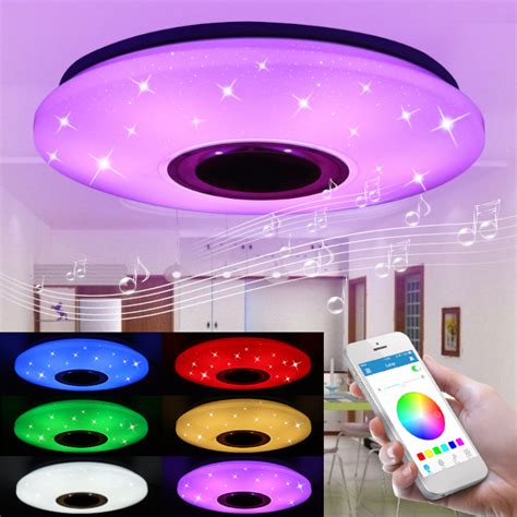 Includes (1) speaker retrofit and (1) e26 base adapter. 48W Dimmable RGBW LED Music Ceiling Lamp with h Speaker ...