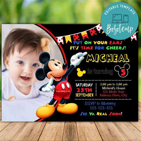 Editable Mickey Mouse Birthday Invitations With Photo Diy