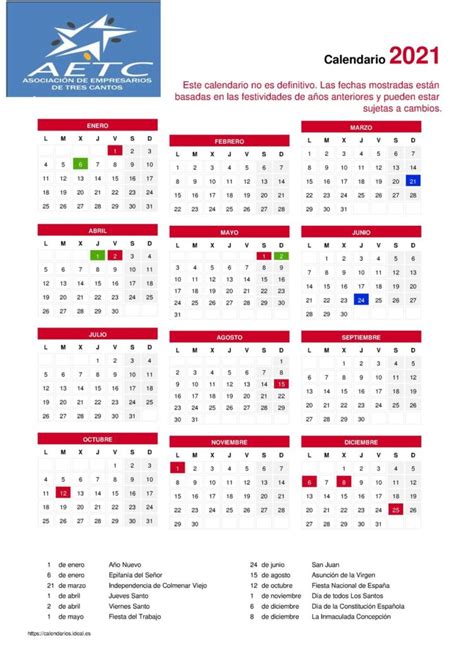 Imprime o descarga este calendario año 2021 en formato pdf, jpg o excel haciendo click en los siguientes botones. Calendario Laboral 2021 - Asociación de Empresarios Tres Cantos