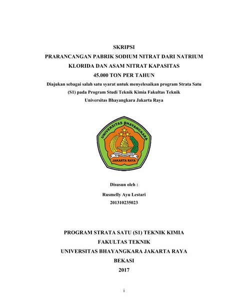 PDF SKRIPSI PRARANCANGAN PABRIK SODIUM NITRAT DARI Repository Ubharajaya Ac Id