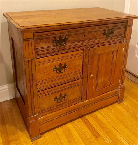 Turn Of The Century Oak Washstand Three Drawers With Side Cabinet And