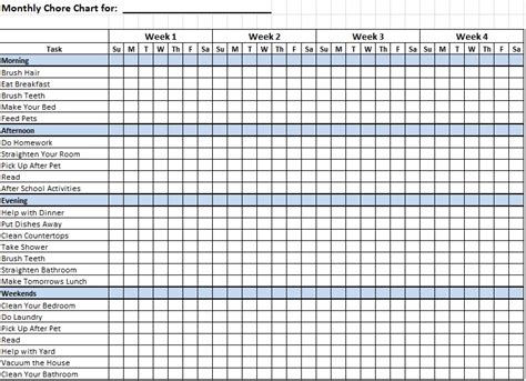 Free Monthly Chore Chart Printables Printable Templates