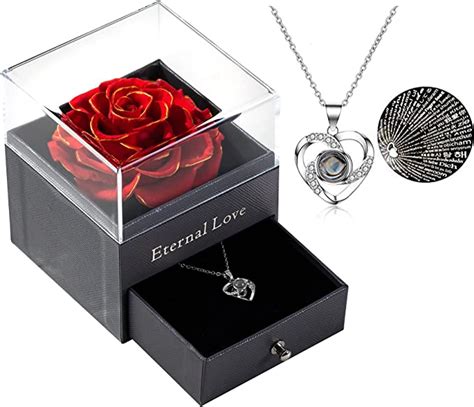 Preserved Real Rose With Silver Tone Heart Necklace I Love You In 100