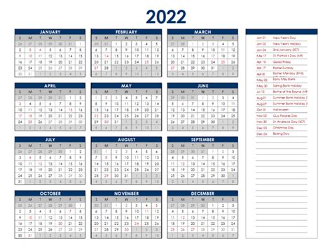 2022 Ireland Annual Calendar With Holidays Free Printable Templates