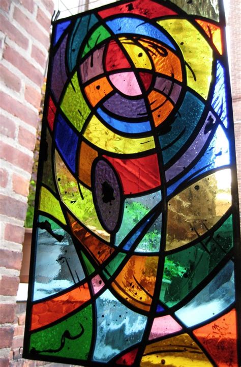 Stained Glass Panel Abstract Geometric Hand Painted Kiln Fired Leaded New Modern Stained
