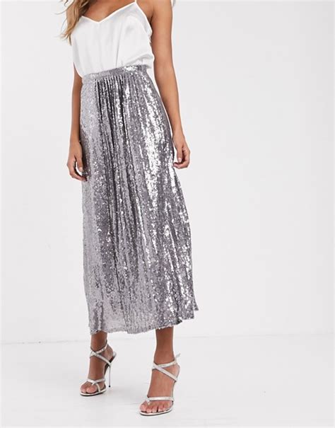 Tfnc Sequin Double Layered Pleat Midi Skirt In Silver Asos Sequin