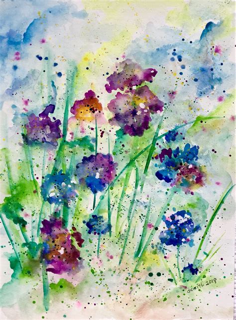 Flowering Field Original Affordable Watercolor Painting Abstract