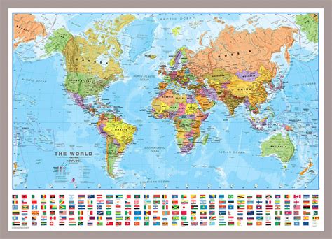 Medium World Wall Map Political With Flags Pinboard And Framed Silver