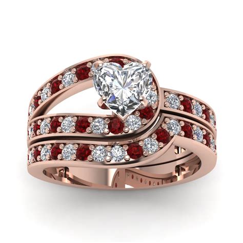 Heart Shaped Loop Pave Diamond Wedding Ring Set With Ruby In 14k Rose