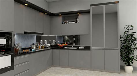 They have wide range of colors to offer in designs. Gray L Shape Modular Kitchen With Appliances - Magick Woods